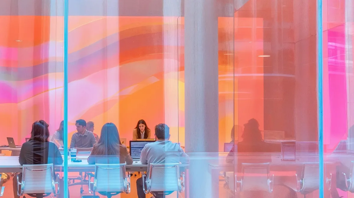 Equipa de startup reunida em escritório moderno